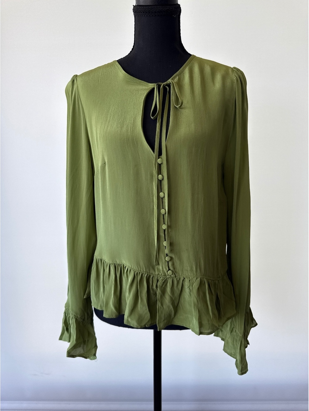 Parker Viscose Peplum Blouse Women's NWT Olive Green Tie Neck